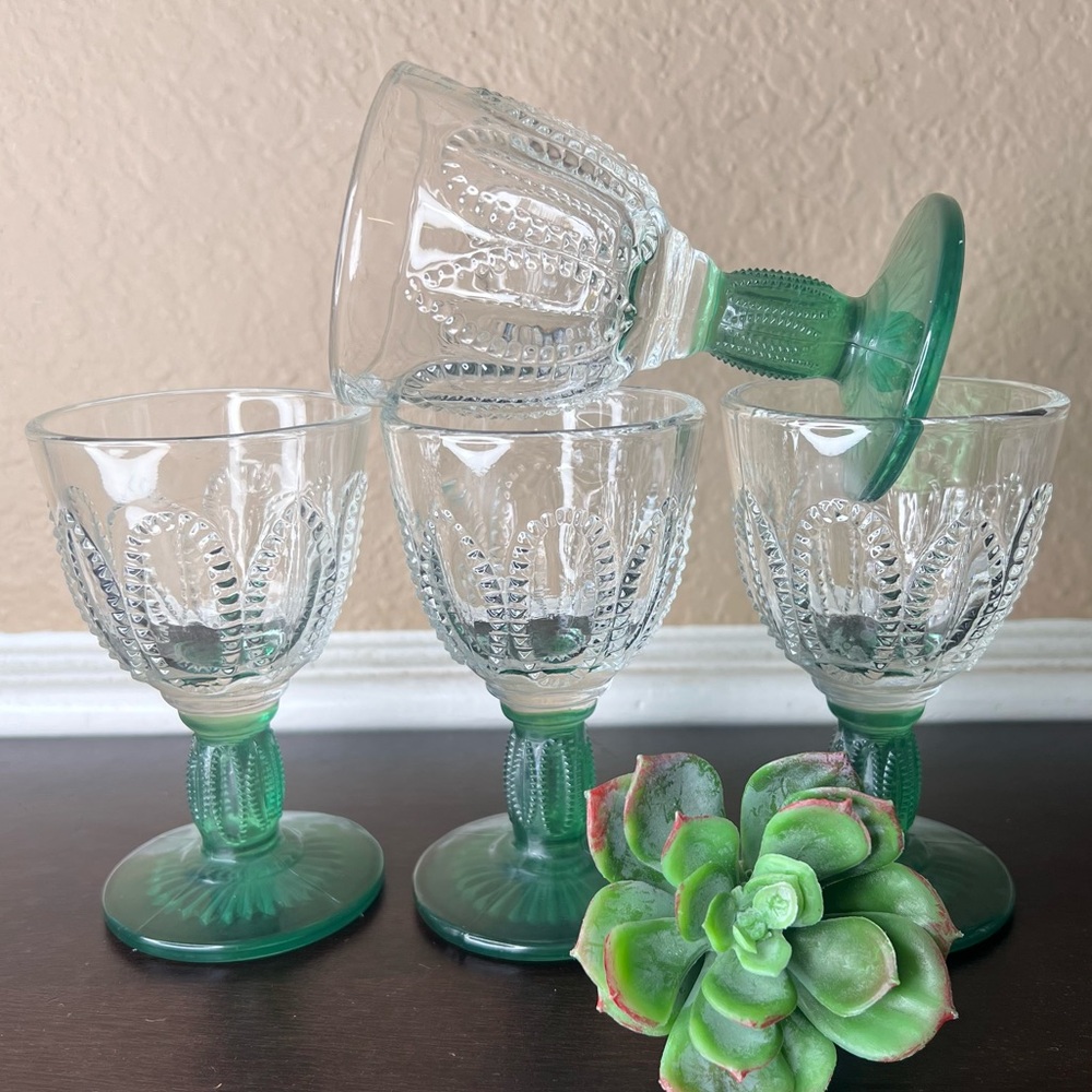 Vintage 1970's Avon Emerald Accent Cordials | Fostoria Glass Set